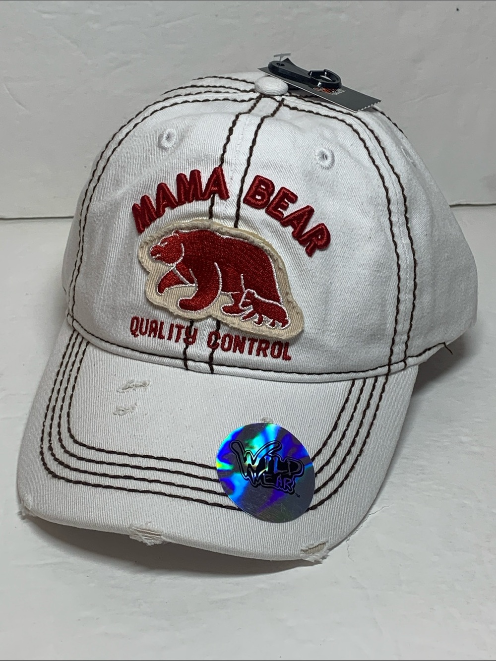 Wild Wear Mama Bear Quality Control Cap  EmbroideredWhite Distressed Cotton Hat